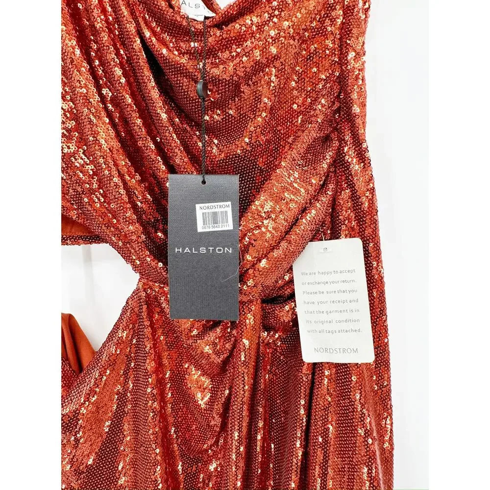 Halston Val Sequins One Shoulder Mini Dress in Orangeade Size 12 NWT‎